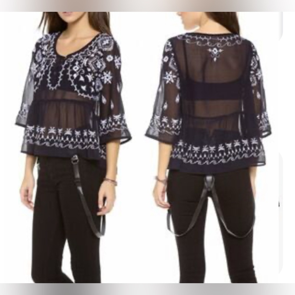 Free People Black Sheer Chiffon Blouse with White Embroidery - Picture 4 of 12